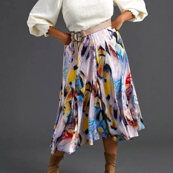 Anthropologie 8 NWT A-Line Midi Skirt Watercolor Art Vibrant Abstract. - Picture 5 of 9